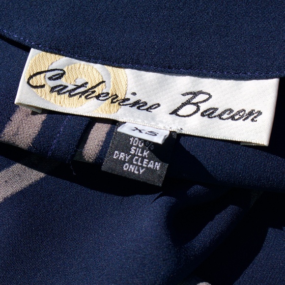 Catherine Bacon 100% Silk Blue & White Stripe Double Collar High Low Blouse XS - Picture 16 of 17